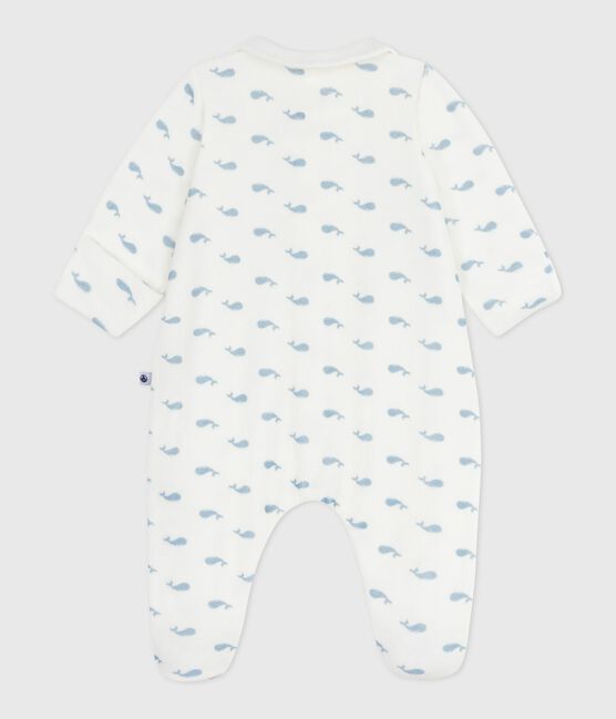 Babies' whale-print velour pyjama suit with a collar MARSHMALLOW /ADRIATIC