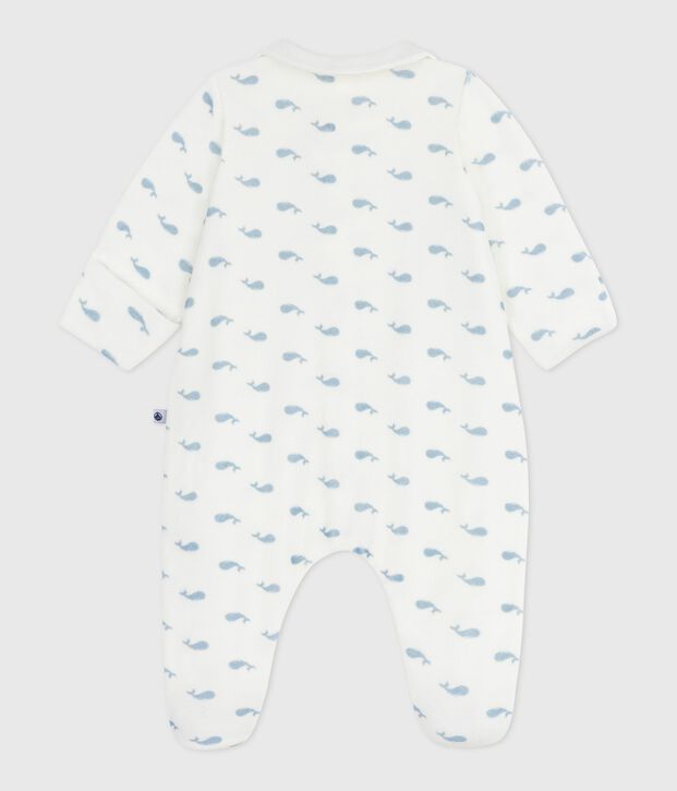 Babies' whale-print velour pyjama suit with a collar white/blue