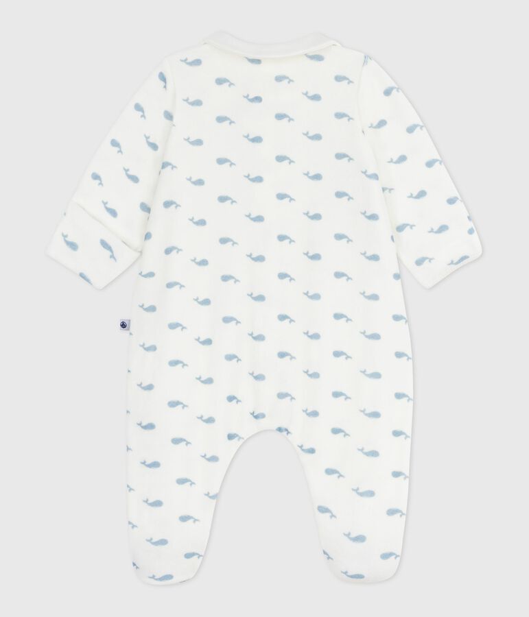 Babies' whale-print velour pyjama suit with a collar white/blue