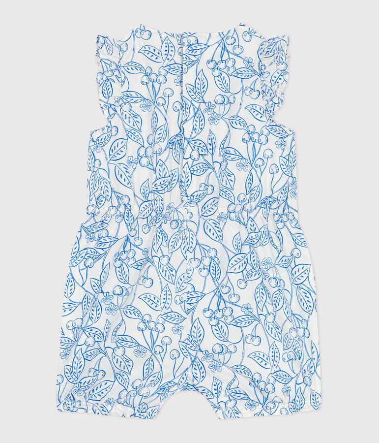 Babies' sleeveless playsuit in cotton with a blue cherry print white/blue