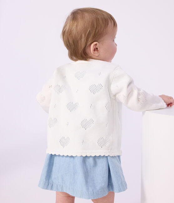 Babies' cotton cardigan with a heart pattern MARSHMALLOW white