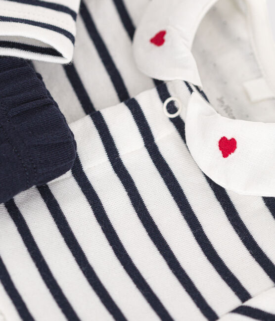 Babies' cotton dress and leggings MARSHMALLOW white/SMOKING blue