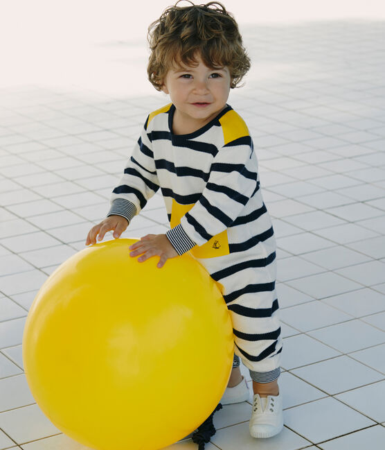 Baby boys' breton striped long all-in-one MARSHMALLOW white/SMOKING blue