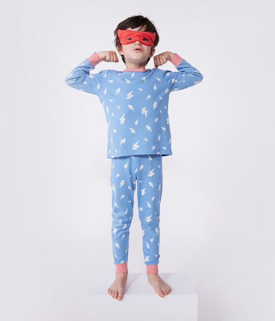 Children's short fancy dress pyjamas in glow-in-the-dark cotton with a cape ALASKA blue/MULTICO white