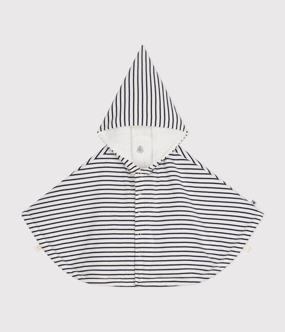 Babies' Stripy Cotton Hooded Cape MARSHMALLOW white/SMOKING blue