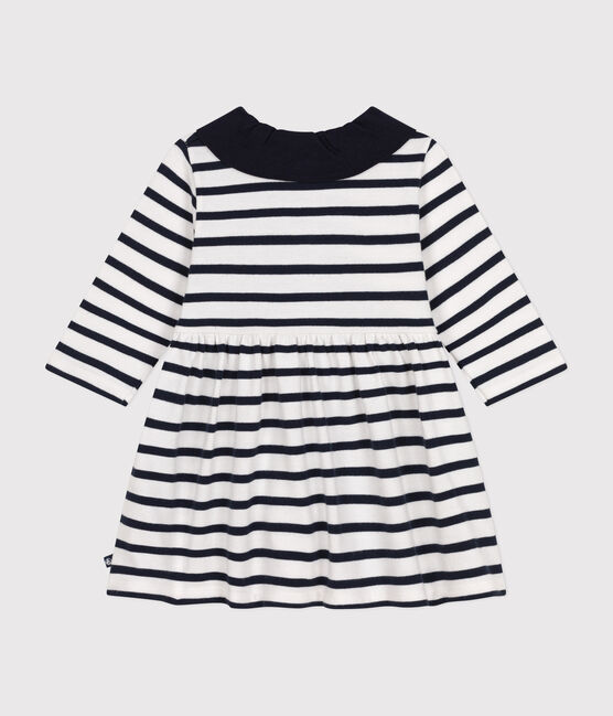 Babies' Long-Sleeved Thick Jersey Dress MARSHMALLOW white/SMOKING blue