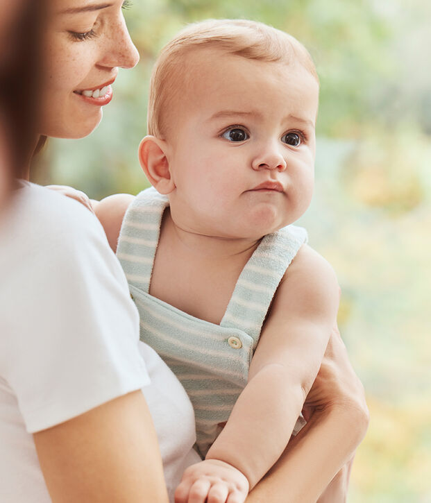 Babies stripy cotton terry rompers blue/ecru