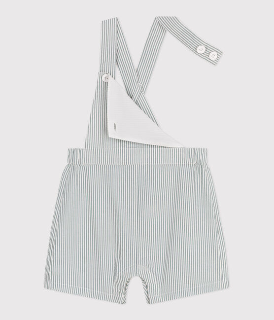 Babies' short-legged stripy cotton dungarees MARSHMALLOW white/BRUT blue