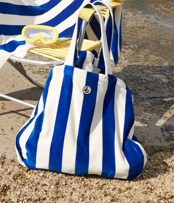 WOMEN'S STRIPED TERRYCLOTH BEACH BAG  SURF blue/MARSHMALLOW white