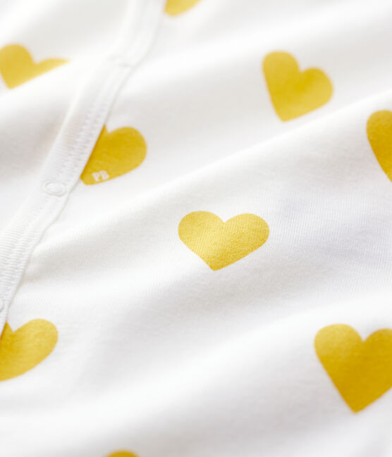 Babies' Footless Yellow Heart Patterned Organic Cotton Sleepsuit MARSHMALLOW white/MULTICO white