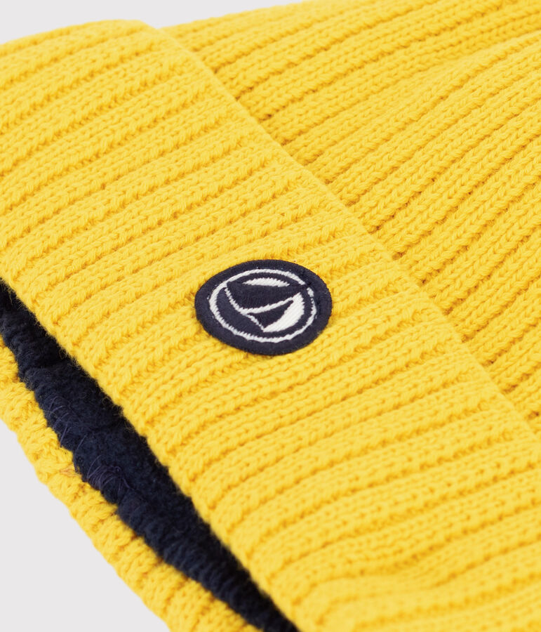 Children's knitted beanie hat lined in polar fleece yellow