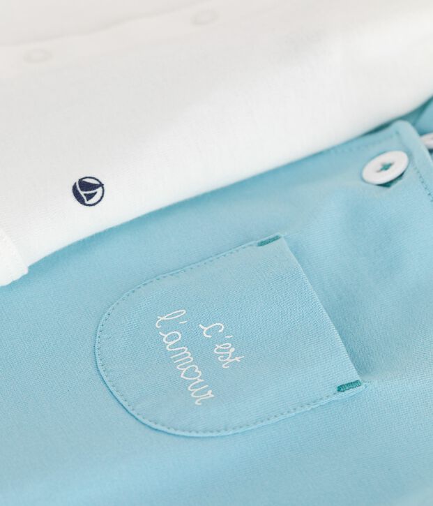 Newborn baby set with sun print cotton dungarees and a body blue