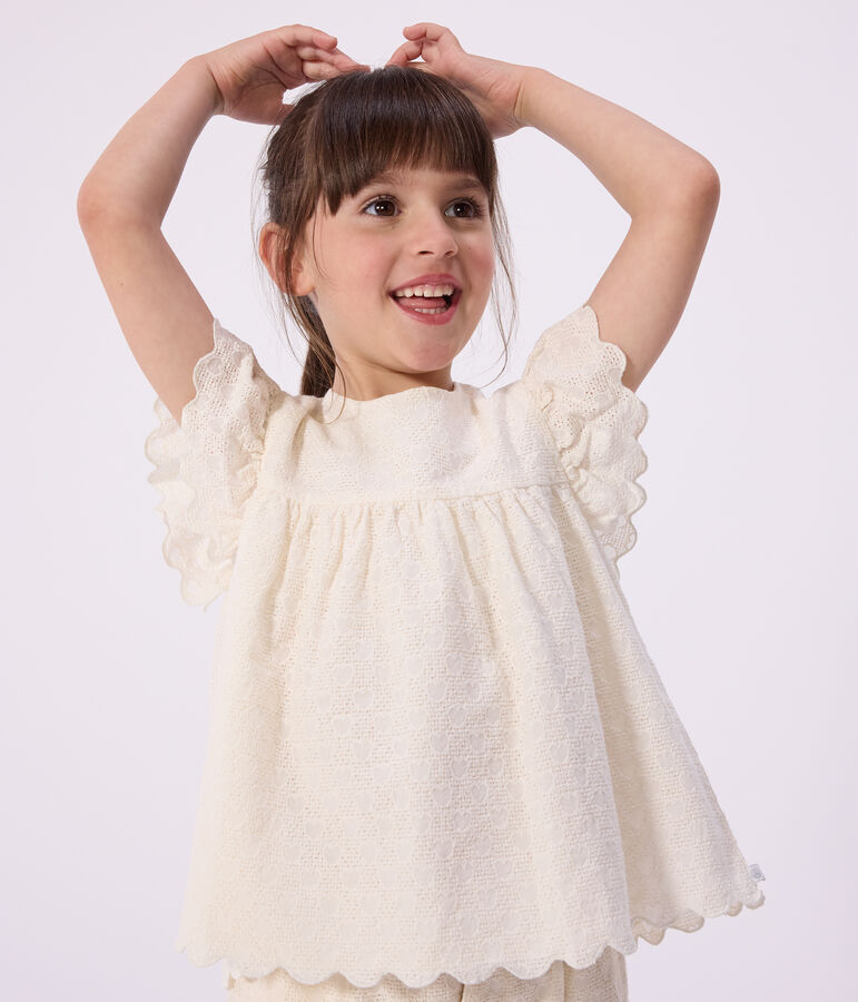 Children's short-sleeved cotton blouse with a heart pattern MARSHMALLOW white
