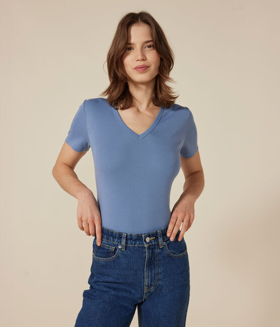 Women's Iconic Plain Cotton V-neck T-Shirt BEACH blue