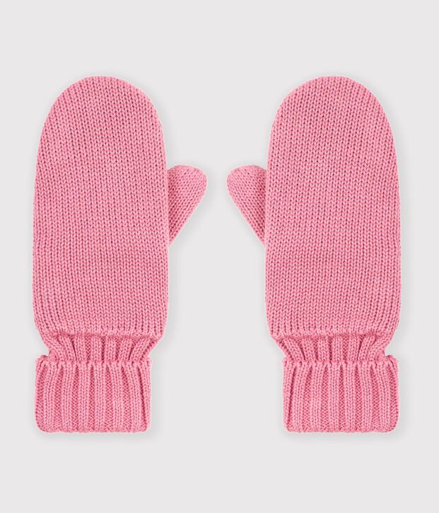 Children's plain knitted mittens lined with fleece pink