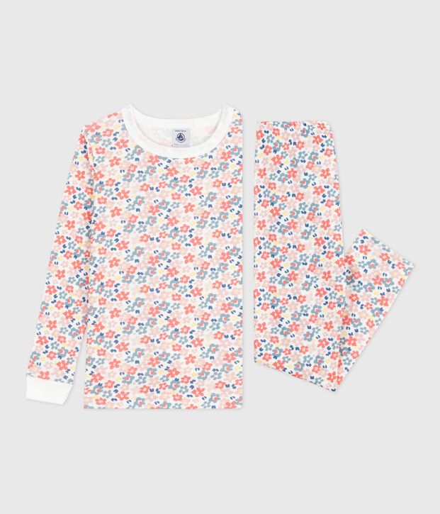 Children's pyjamas in cotton with a flower print and snug-fitting legs white/multicolor