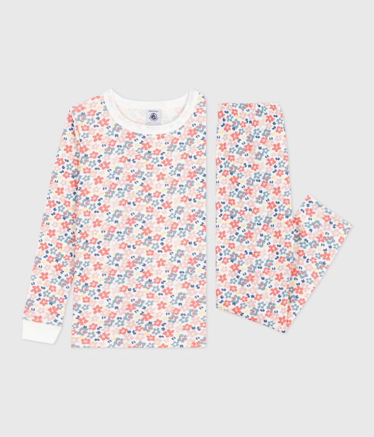 Children's pyjamas in cotton with a flower print and snug-fitting legs white/multicolor
