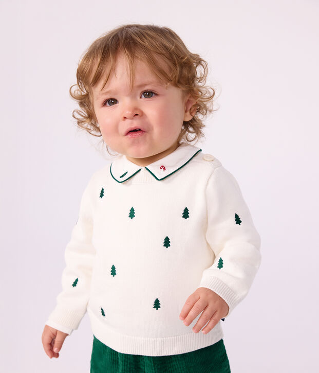 Babies' jumper in wool and cotton with embroidered bunny rabbits Ecru/green
