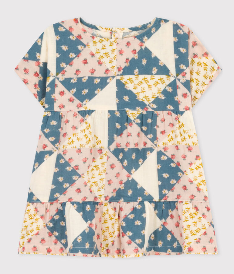 Babies' Short-Sleeved Cotton Gauze Patterned Dress Ecru/multicolor