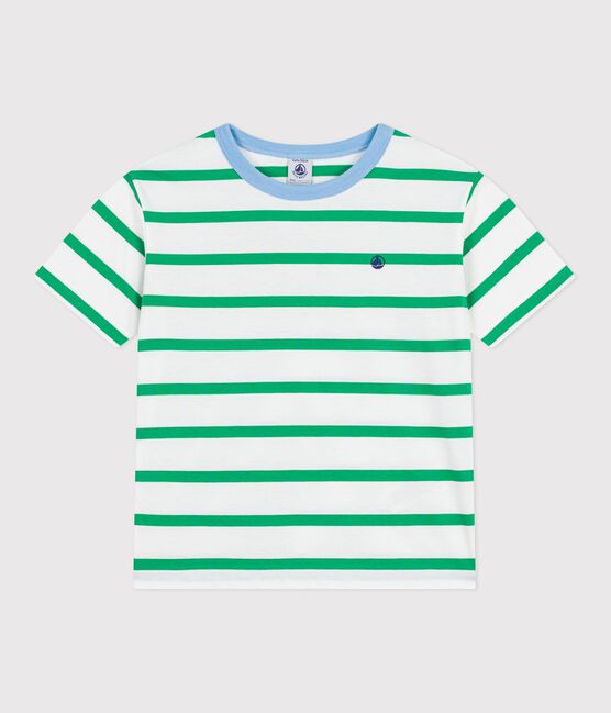 Children's short-sleeved stripy cotton T-shirt MARSHMALLOW white/PRADO