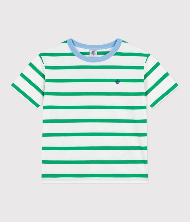 Children's short-sleeved stripy cotton T-shirt white/green