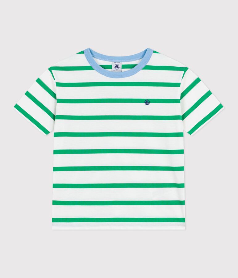 Children's short-sleeved stripy cotton T-shirt white/green