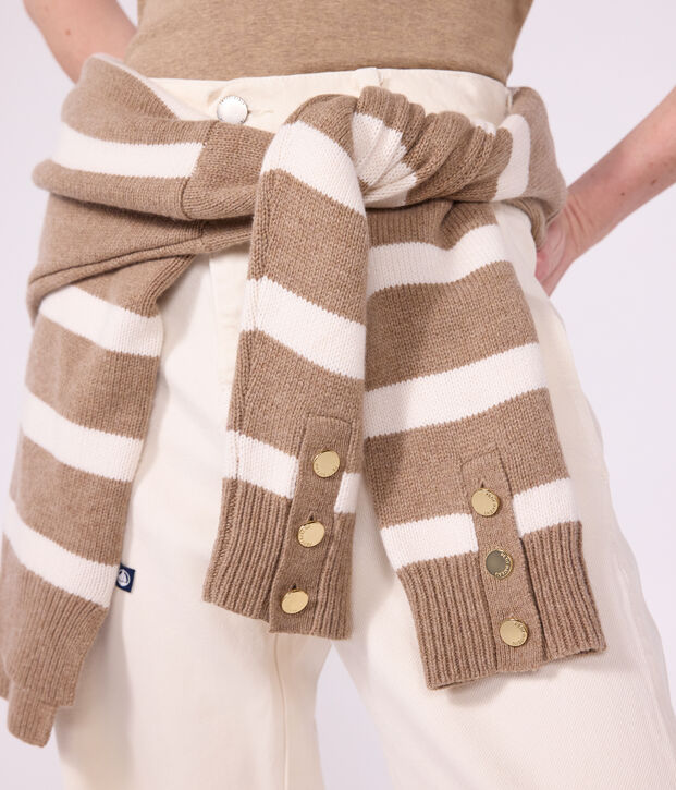 Women's striped wool and cotton roll neck jumper beige/ecru