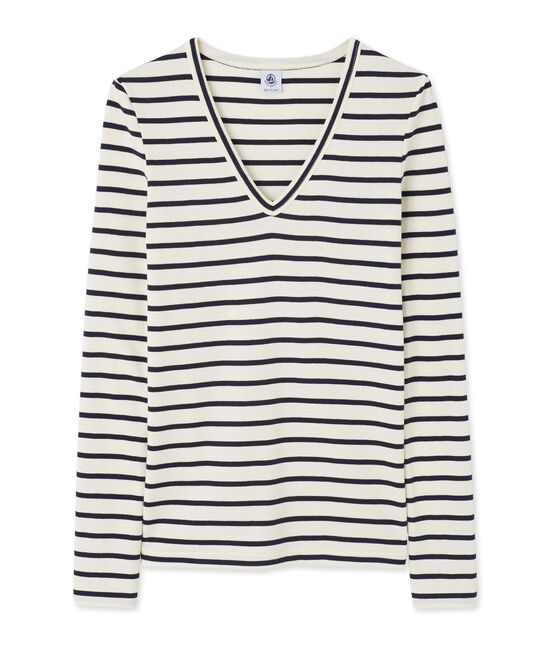 Women's long-sleeved V-neck tee COQUILLE beige/SMOKING blue