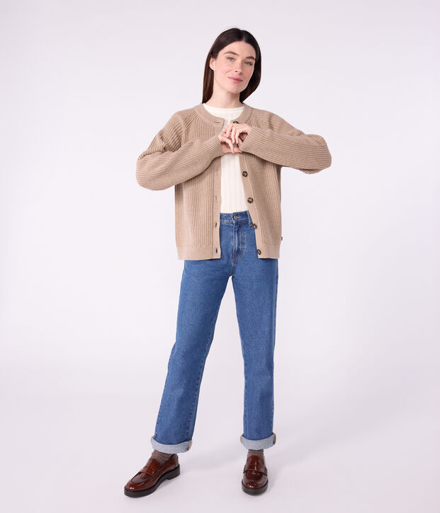 Women's plain wool and cotton cardigan brown