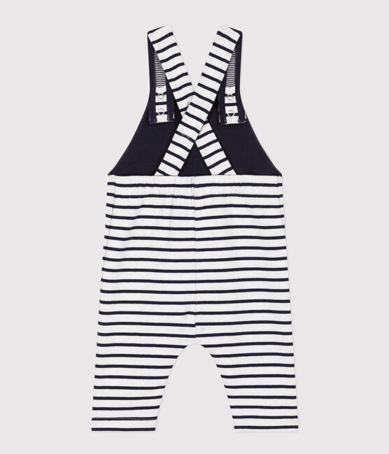 Babies' Thick Stripy Jersey Dungarees MARSHMALLOW white/SMOKING blue