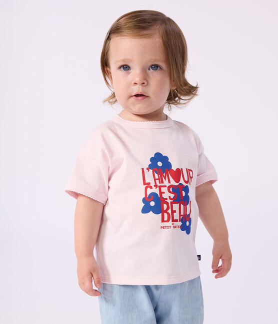 Babies' short-sleeved patterned cotton T-shirt BARELY pink
