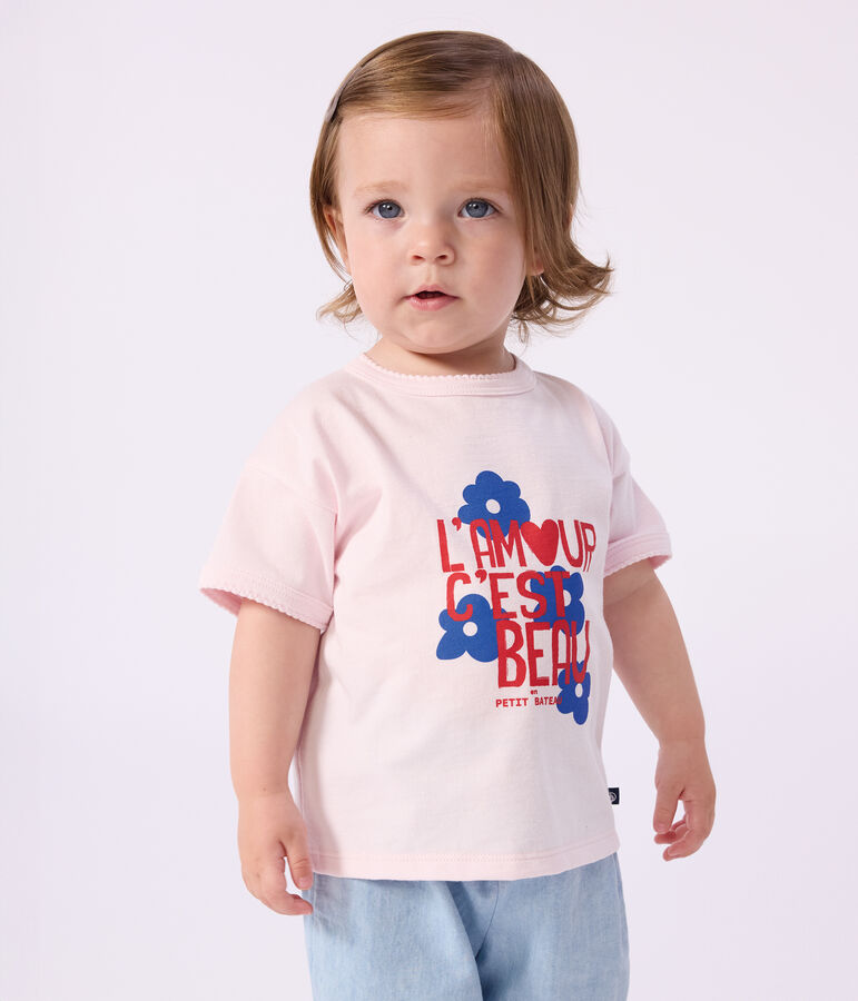 Babies' short-sleeved patterned cotton T-shirt pink