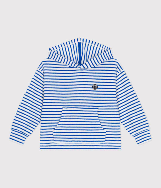 Children's unisex stripy cotton terry hoodie MARSHMALLOW blue/PORCELANA