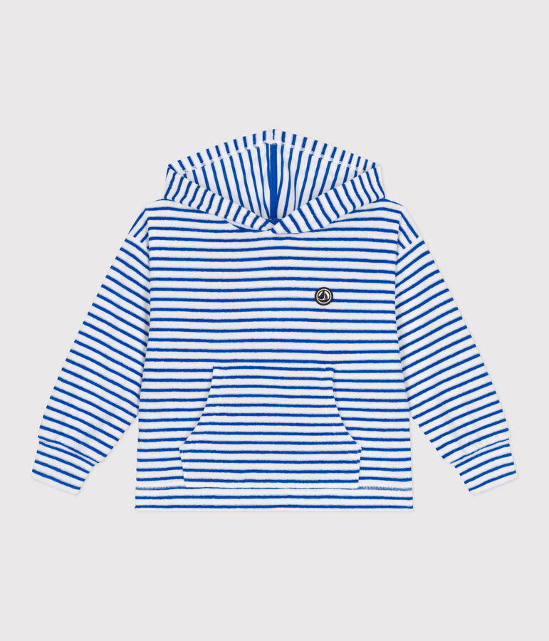 Children's unisex stripy cotton terry hoodie white/blue