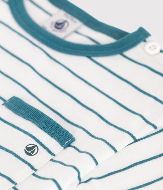 Babies' short-sleeved stripy cotton T-shirt MARSHMALLOW green/DRAGONFLY