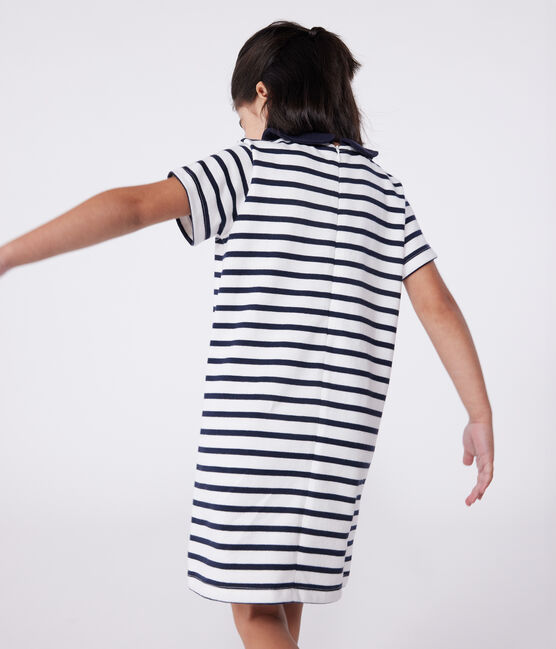 Children's short-sleeved cotton dress MARSHMALLOW white/SMOKING blue