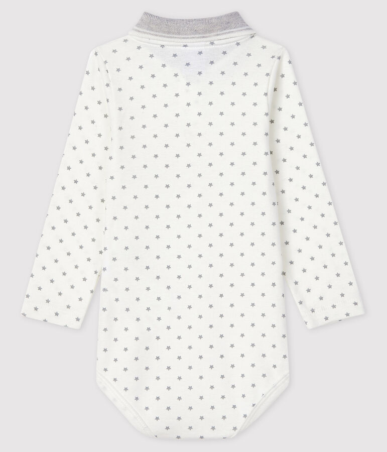Baby's long-sleeved bodysuit with polo shirt neck white/grey