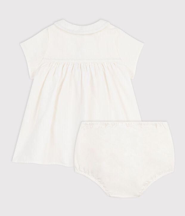 Cotton/linen baby dress with  matching bloomers, with embroidered detail white