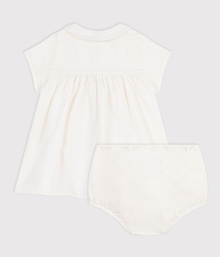 Cotton/linen baby dress with  matching bloomers, with embroidered detail MARSHMALLOW white