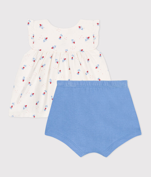 Newborn babies' two-piece cotton set with a ruffled blouse white/multicolor