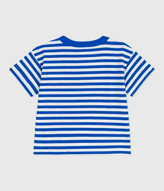 Babies' short-sleeved stripy cotton T-shirt PORCELANA blue/MARSHMALLOW