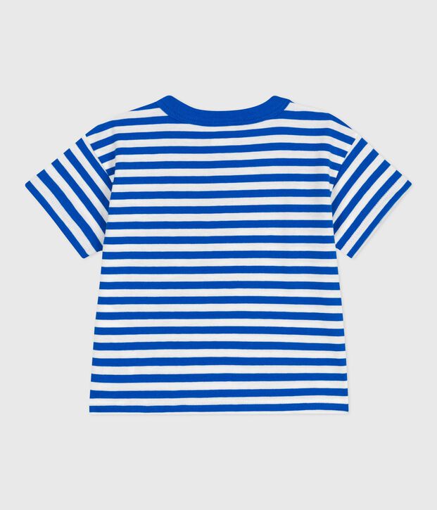 Babies' short-sleeved stripy cotton T-shirt blue/white