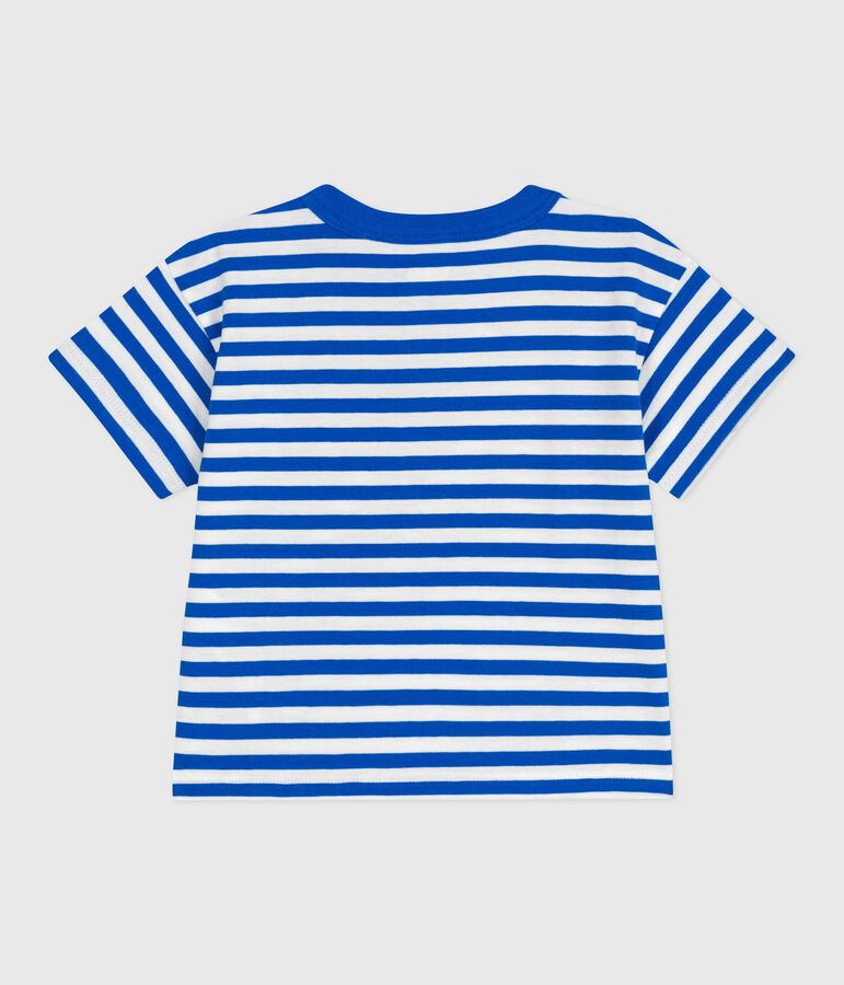 Babies' short-sleeved stripy cotton T-shirt blue/white