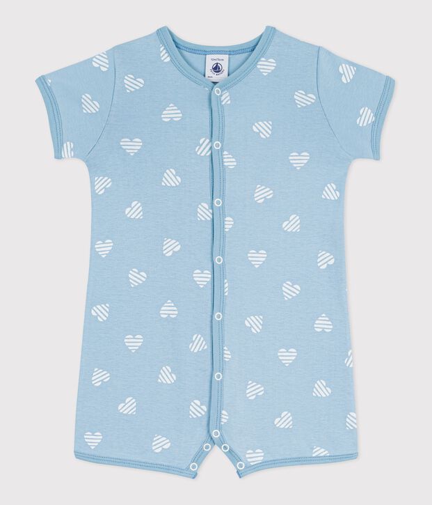 Babies' short heart print cotton jumpsuit blue/white