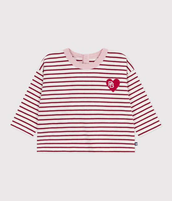 Babies' long-sleeved stripy cotton T-Shirt MILK red/AMARANTE