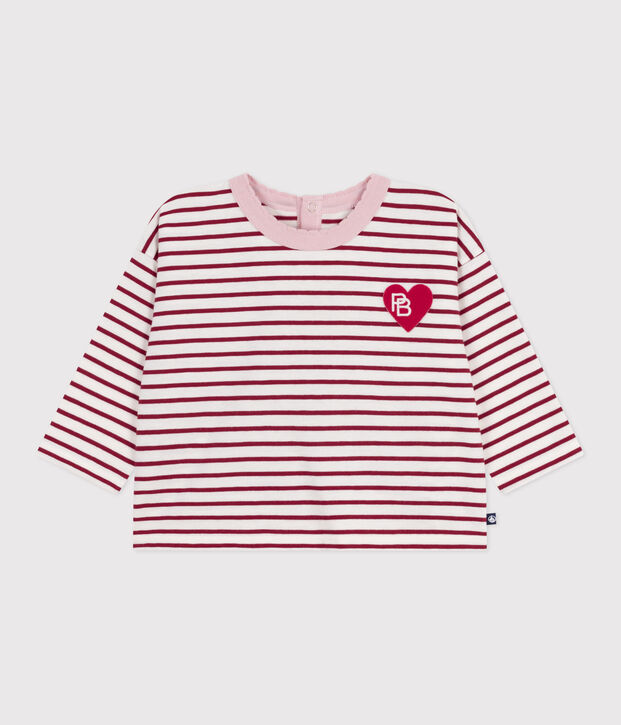 Babies' long-sleeved stripy cotton T-Shirt red/red