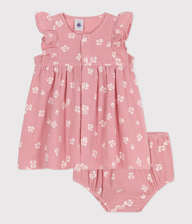 Babies' floral print cotton gauze dress and bloomers pink/white