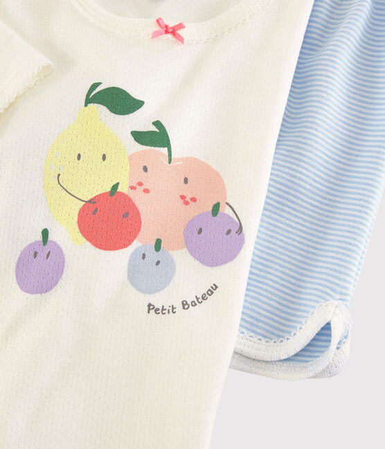 Girls' Summer Fruit Pattern Cotton Short Pyjamas MARSHMALLOW white/MULTICO white