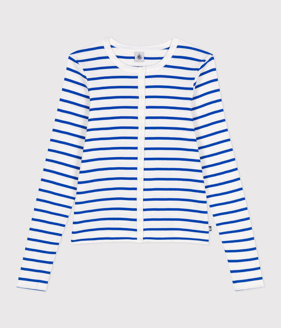 Women's plain cotton cardigan MARSHMALLOW white/PERSE blue