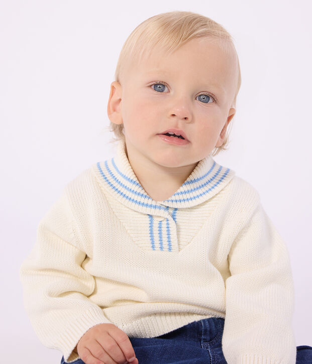 Babies' stripy cotton jumper with a shawl collar MILK